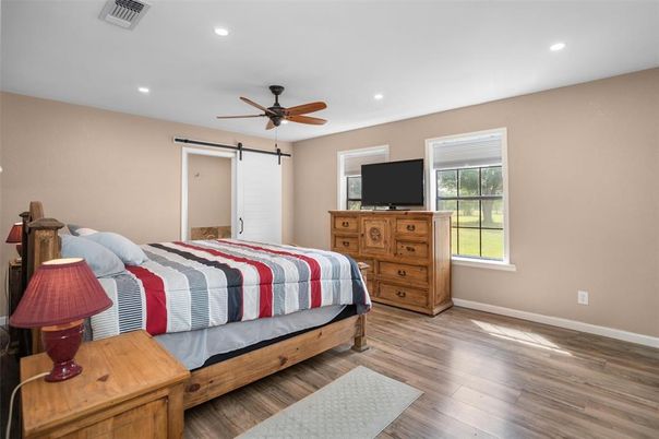 Bedroom, Interior, Recessed Lighting, Wood Texture Flooring