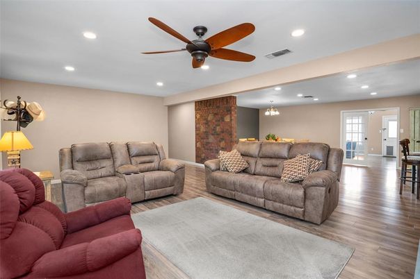 Interior, Living room, Recessed Lighting, Stone Walls, Wood Texture Flooring