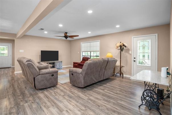 Interior, Living room, Recessed Lighting, Wood Texture Flooring