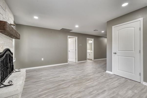 Empty room, Fireplace, Interior, Recessed Lighting, Wood Texture Flooring