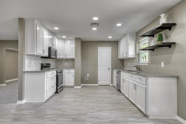 Interior, Kitchen, Recessed Lighting, Wood Texture Flooring