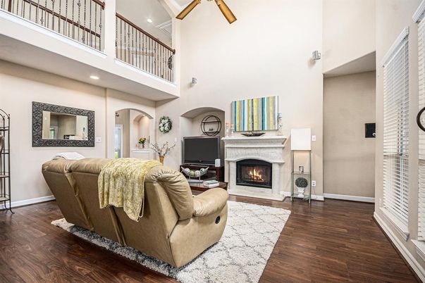 Fireplace, Interior, Living room, Recessed Lighting, Wood Texture Flooring