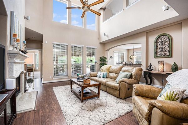 Fireplace, Interior, Living room, Pendant Lights, Wood Texture Flooring