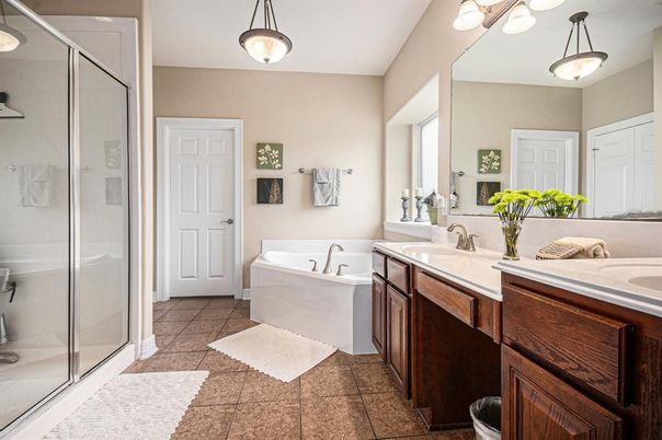 Bathroom, Dual Sink Vanities, Glass Shower, Interior, Pendant Lights