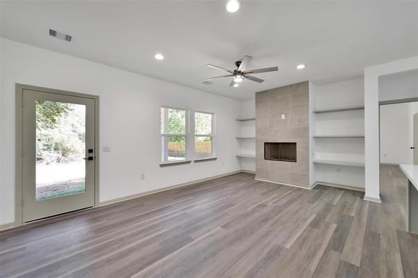 Empty room, Fireplace, Interior, Recessed Lighting, Wood Texture Flooring