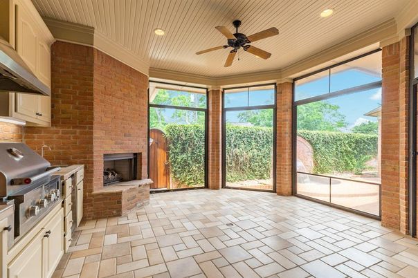 Fireplace, Interior, Recessed Lighting, Stone Walls