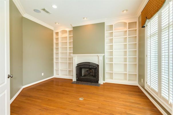 Empty room, Fireplace, Interior, Recessed Lighting, Wood Texture Flooring