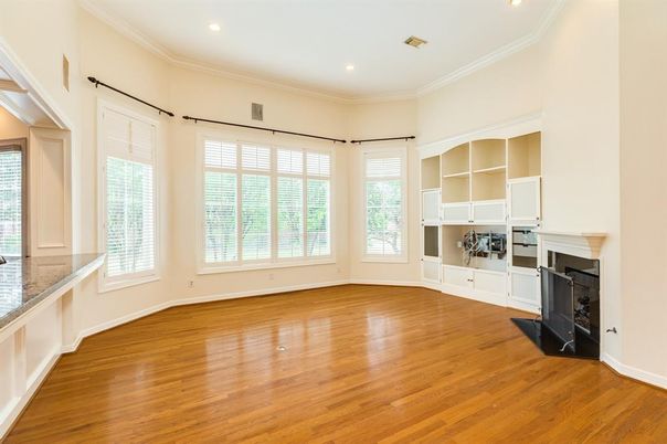 Empty room, Fireplace, Interior, Recessed Lighting, Wood Texture Flooring