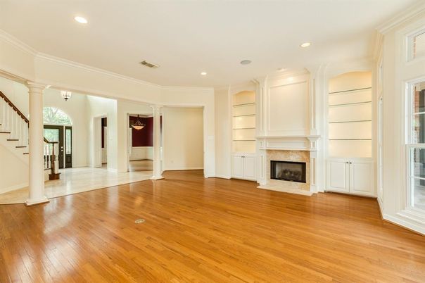 Empty room, Fireplace, Interior, Recessed Lighting, Wood Texture Flooring