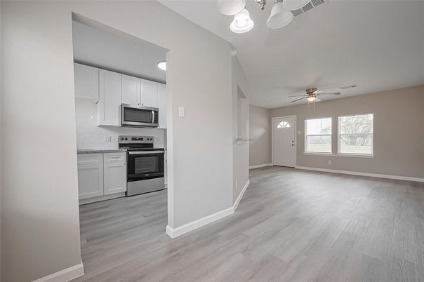 Empty room, Interior, Kitchen, Stainless Steel Appliances, Wood Texture Flooring