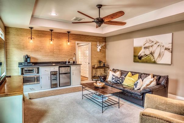 Interior, Kitchen, Living room, Recessed Lighting, Stainless Steel Appliances, Stone Walls, Wooden Walls