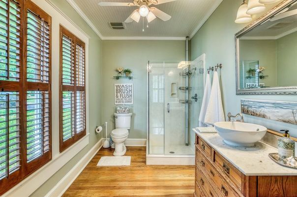 Bathroom, Glass Shower, Interior, Wood Texture Flooring