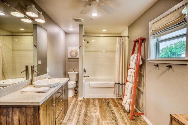Bathroom, Dual Sink Vanities, Glass Shower, Interior, Recessed Lighting, Wood Texture Flooring