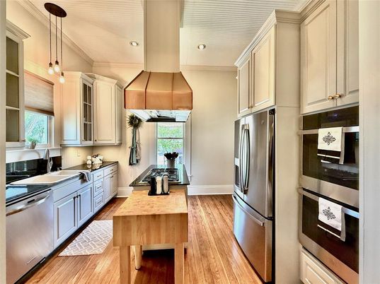 Interior, Kitchen, Pendant Lights, Recessed Lighting, Stainless Steel Appliances, Wood Texture Flooring
