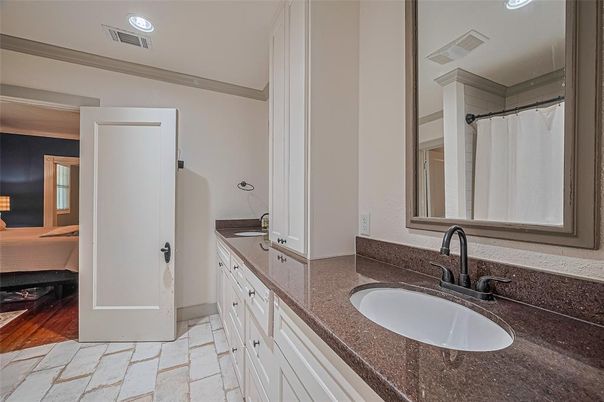 Bathroom, Dual Sink Vanities, Interior, Recessed Lighting, Wood Texture Flooring