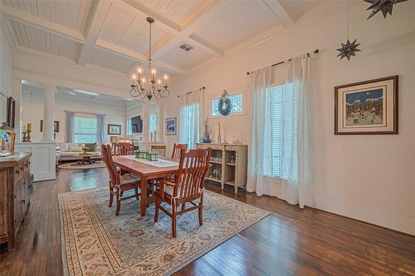 Chandelier, Dining room, Interior, Wood Texture Flooring