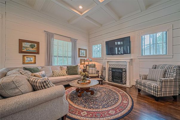 Fireplace, Interior, Living room, Recessed Lighting, Wood Texture Flooring