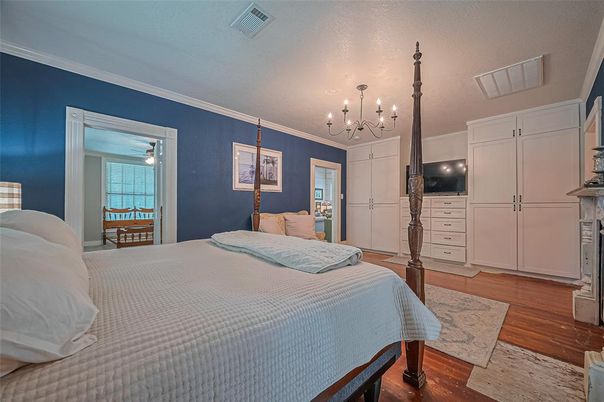Bedroom, Chandelier, Interior, Wood Texture Flooring
