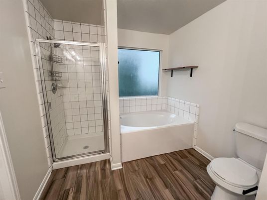 Bathroom, Glass Shower, Interior, Wood Texture Flooring