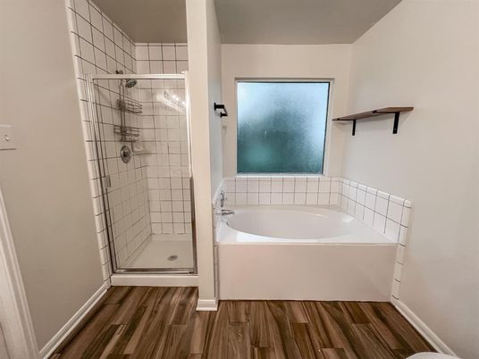Bathroom, Glass Shower, Interior, Wood Texture Flooring