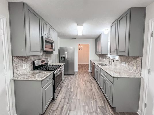 Interior, Kitchen, Stainless Steel Appliances, Wood Texture Flooring
