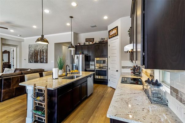 Interior, Kitchen, Pendant Lights, Recessed Lighting, Stainless Steel Appliances, Wood Texture Flooring