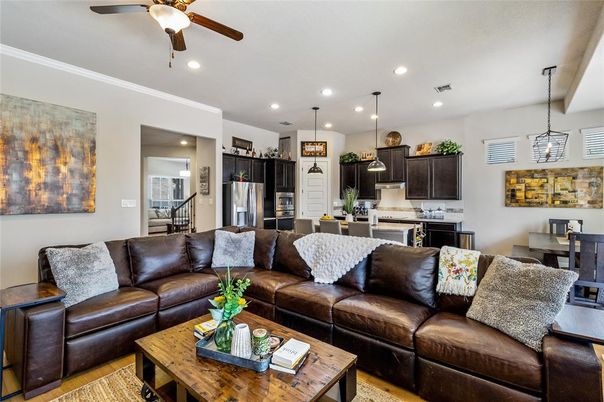 Dining room, Interior, Kitchen, Living room, Pendant Lights, Recessed Lighting, Stainless Steel Appliances, Wood Texture Flooring