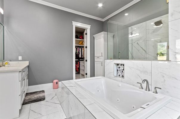 Bathroom, Glass Shower, Interior, Marble, Marble Walls, Recessed Lighting