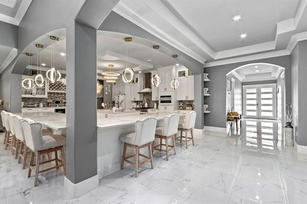 Interior, Kitchen, Marble, Pendant Lights, Recessed Lighting