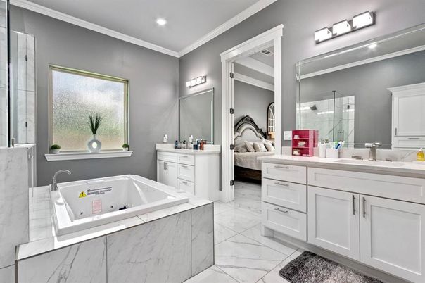 Bathroom, Bedroom, Dual Sink Vanities, Interior, Marble, Recessed Lighting