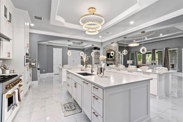 Interior, Kitchen, Marble, Pendant Lights, Recessed Lighting, Stainless Steel Appliances