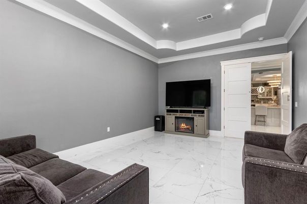 Fireplace, Interior, Living room, Marble, Recessed Lighting