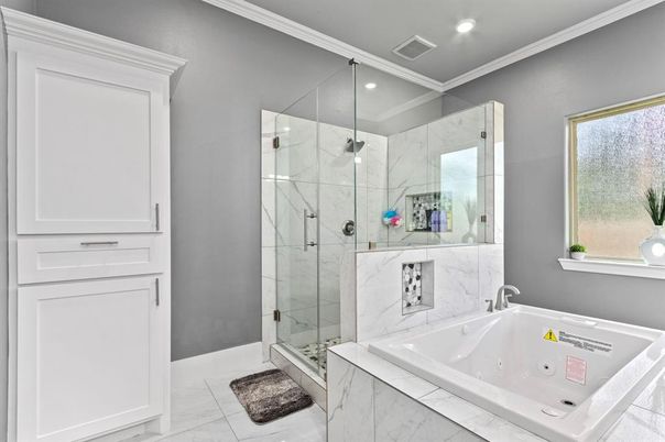 Bathroom, Glass Shower, Interior, Marble, Marble Walls, Recessed Lighting