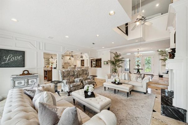 Chandelier, Dining room, Fireplace, Interior, Kitchen, Living room, Pendant Lights, Recessed Lighting, Wood Texture Flooring