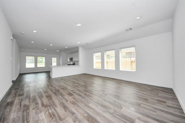 Empty room, Interior, Kitchen, Recessed Lighting, Wood Texture Flooring