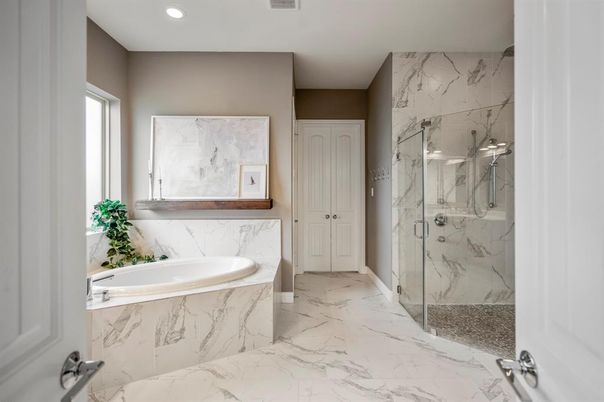 Bathroom, Glass Shower, Interior, Marble, Marble Walls, Recessed Lighting