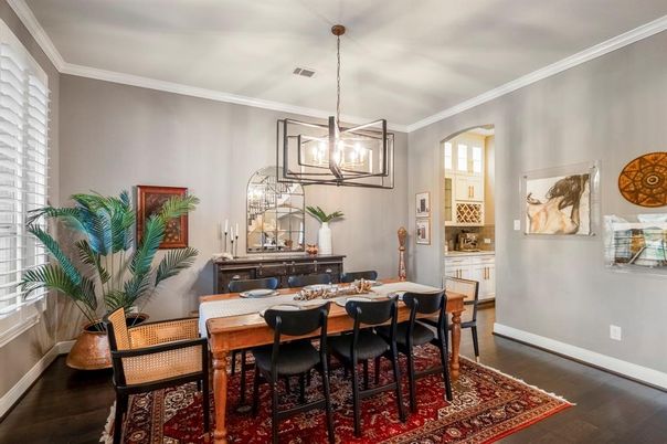 Dining room, Interior, Pendant Lights, Wood Texture Flooring