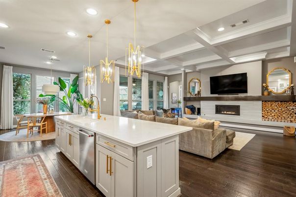 Dining room, Fireplace, Interior, Kitchen, Living room, Pendant Lights, Recessed Lighting, Wood Texture Flooring
