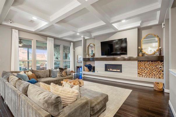 Fireplace, Interior, Living room, Recessed Lighting, Wood Texture Flooring