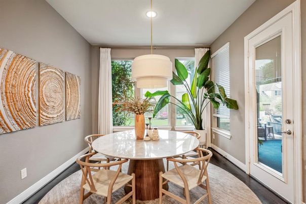 Dining room, Interior, Pendant Lights, Recessed Lighting, Wood Texture Flooring