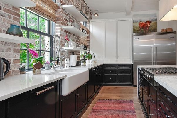 Interior, Kitchen, Stainless Steel Appliances, Stone Walls, Wood Texture Flooring