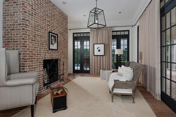Fireplace, Interior, Pendant Lights, Recessed Lighting, Stone Walls, Wood Texture Flooring