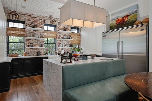 Interior, Kitchen, Pendant Lights, Stainless Steel Appliances, Stone Walls, Wood Texture Flooring