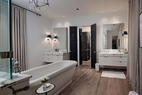 Bathroom, Dual Sink Vanities, Free Standing Baths, Interior, Recessed Lighting, Wood Texture Flooring