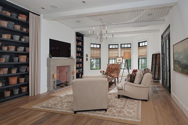 Chandelier, Fireplace, Interior, Living room, Recessed Lighting, Wood Texture Flooring
