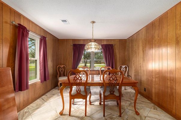 Dining room, Interior, Marble, Pendant Lights, Wooden Walls