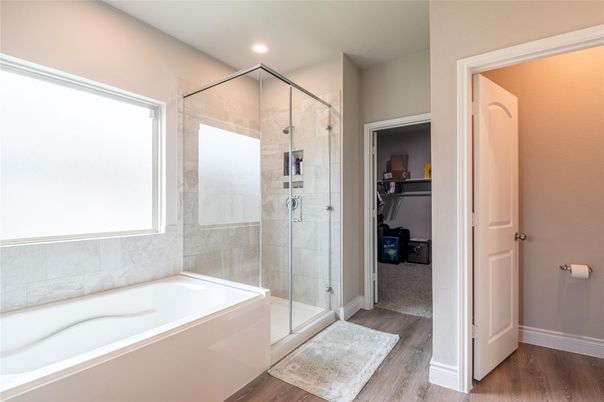 Bathroom, Glass Shower, Interior, Recessed Lighting, Wood Texture Flooring