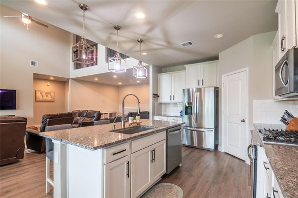 Interior, Kitchen, Pendant Lights, Recessed Lighting, Stainless Steel Appliances, Wood Texture Flooring
