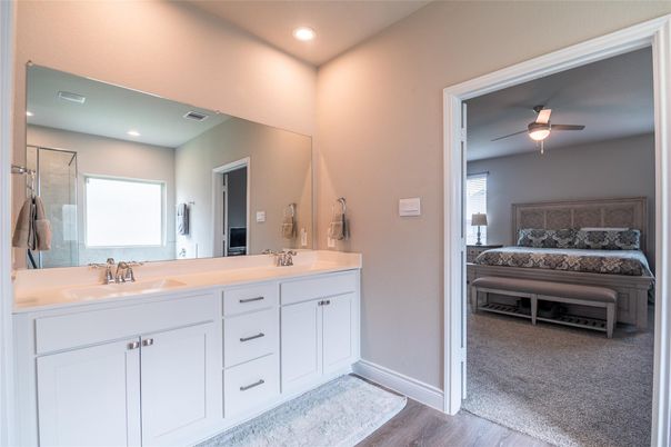 Bathroom, Bedroom, Dual Sink Vanities, Glass Shower, Interior, Recessed Lighting, Wood Texture Flooring