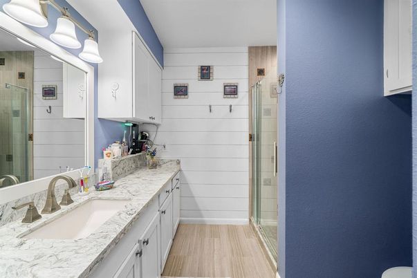 Bathroom, Glass Shower, Interior, Wood Texture Flooring